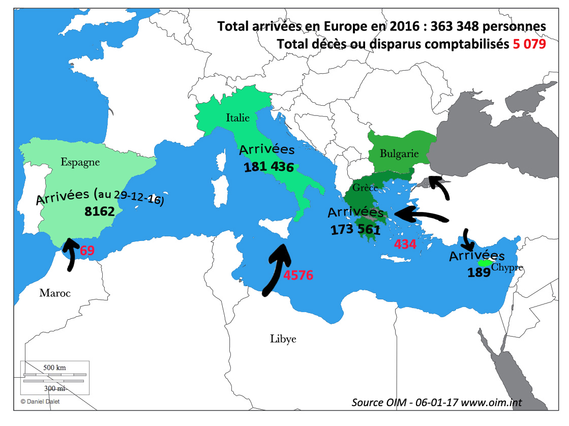 Routes et flux de migrations en Méditerranée en 2016